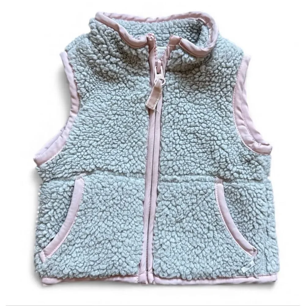 Baby Girls Carters Gray Pink Trimmed Sherpa Full Zip Sleeveless Vest - Sz 6 mo